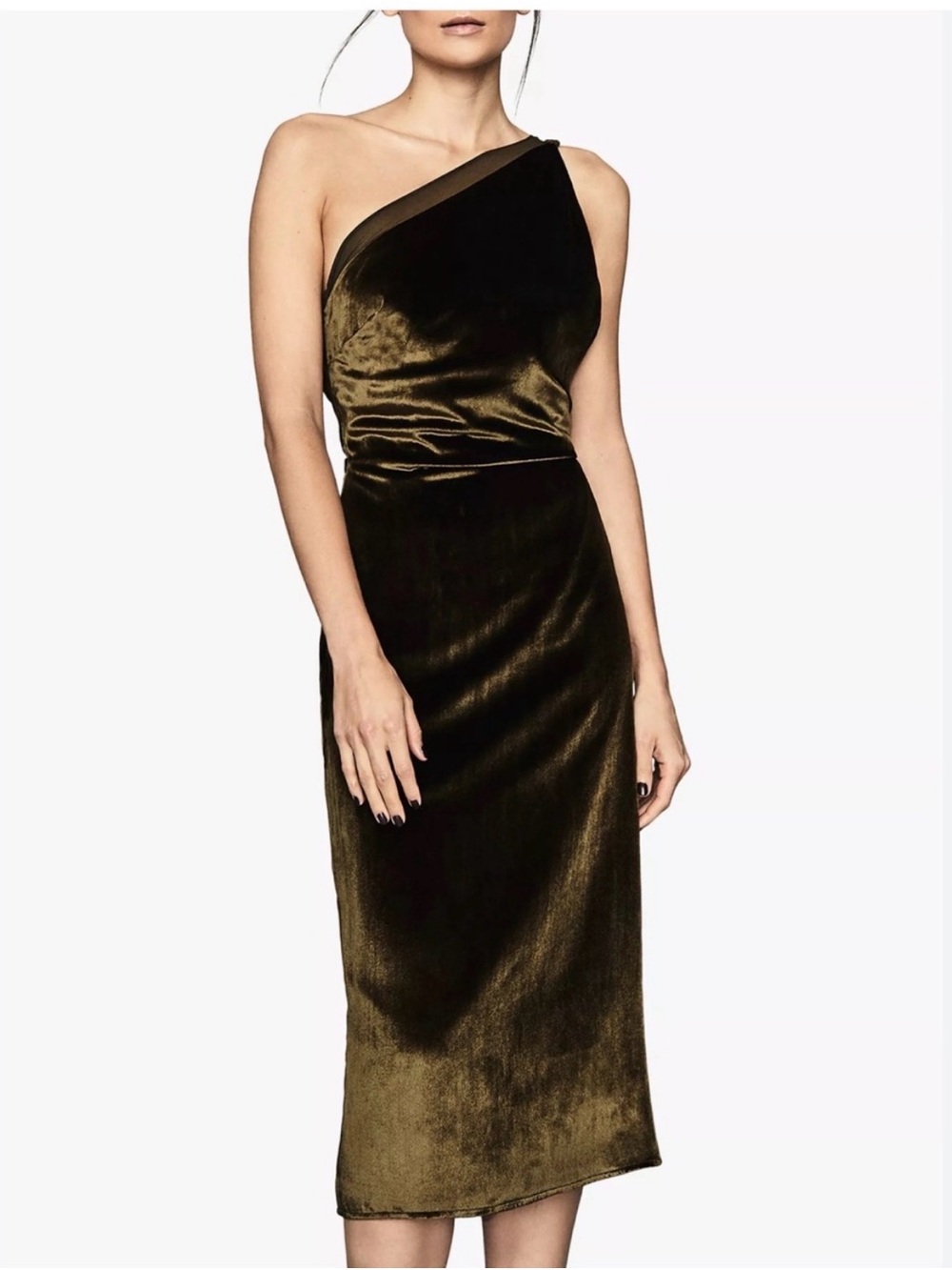 Reiss Eden Olive Silk Velvet One-Shoulder Midi Dress - Picture 7 of 7